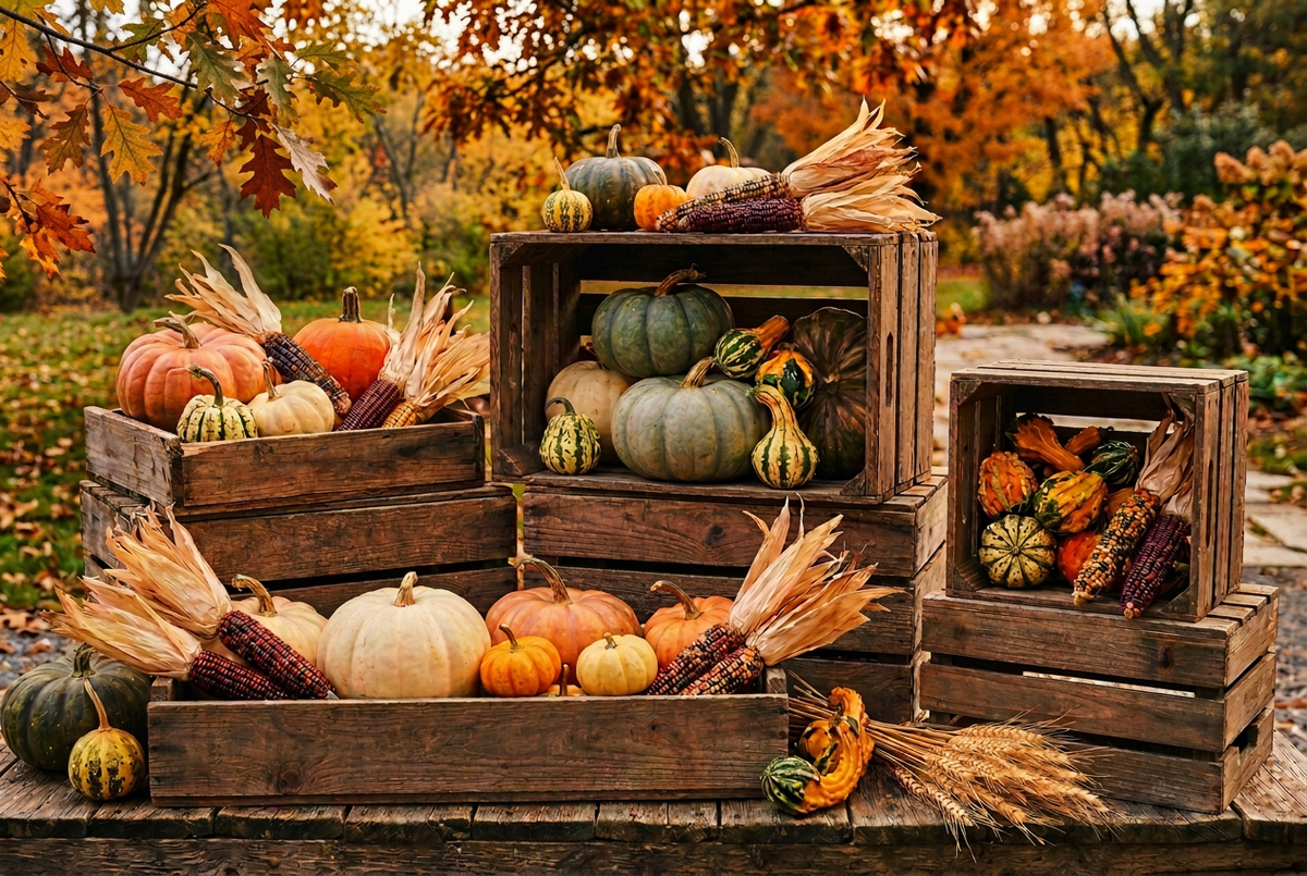 Fall harvest display with the full background brought into focus