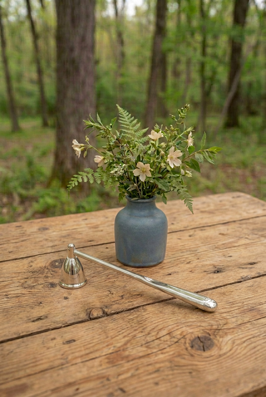 Snuffer on an old pine table with a vintage blue vase and woodland flowers